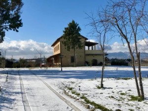 prato innevato con sfondo di casa al centro